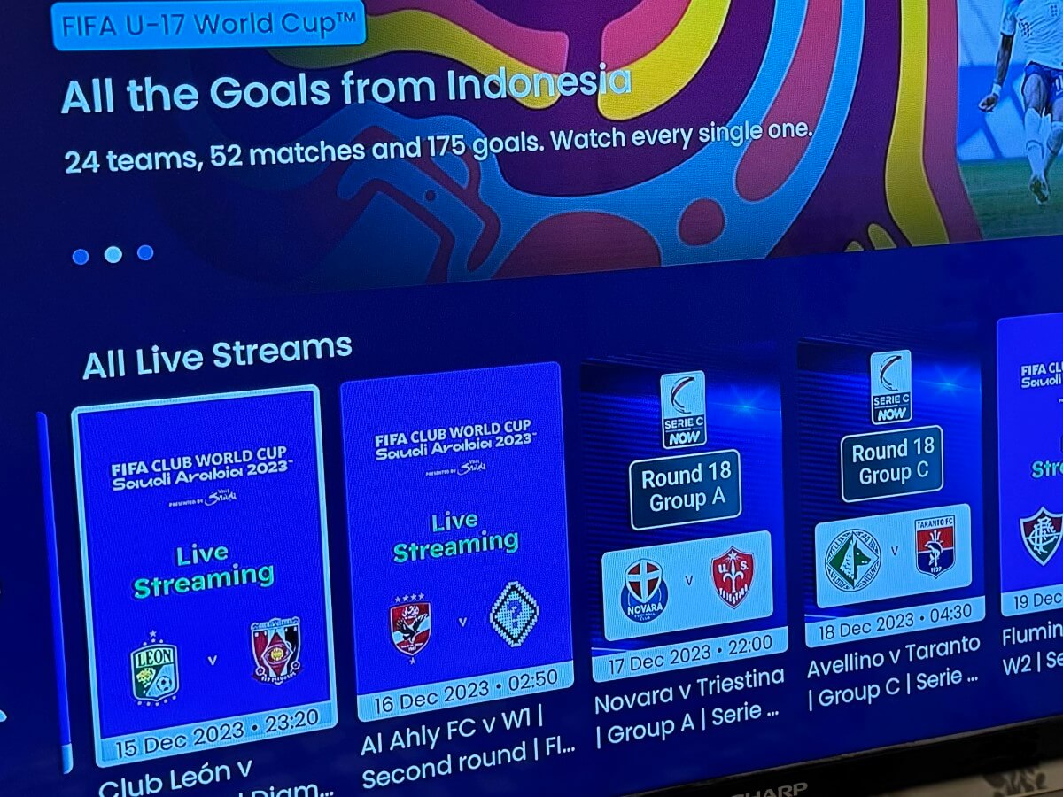 FIFA+ アプリを Fire TV で開いたところ